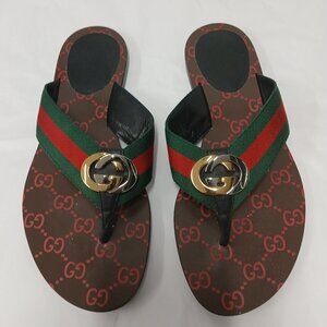 Gucci Brown Red and Green GG Web Logo Thong Sandals with Gold Hardware